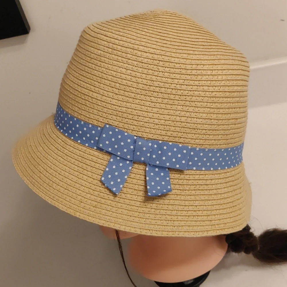 Gymboree Girl's Sun Hat Bucket Beige Stylish Tan Blue Polka Dot Ribbon Y2K Retro